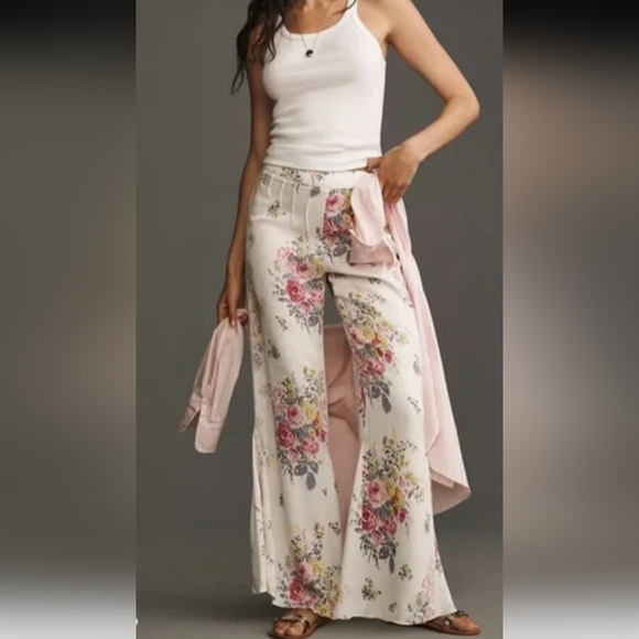 Anthropologie Pants - Anthropologie Pink and Cream Floral Lace Wide-Leg High Waist Satin Pants Sz-12